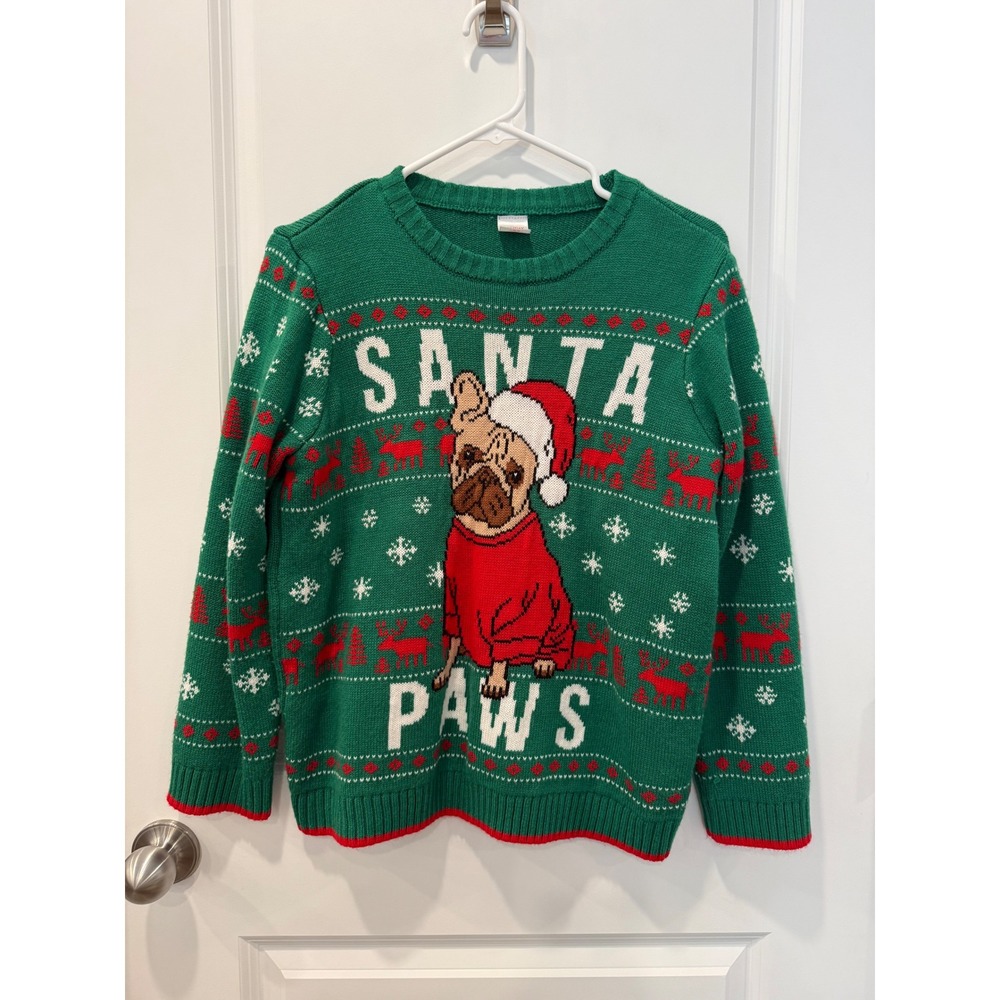 Holiday Time Kids Green Santa Paws Pug Ugly Christmas Sweater L 10-12 Husky
